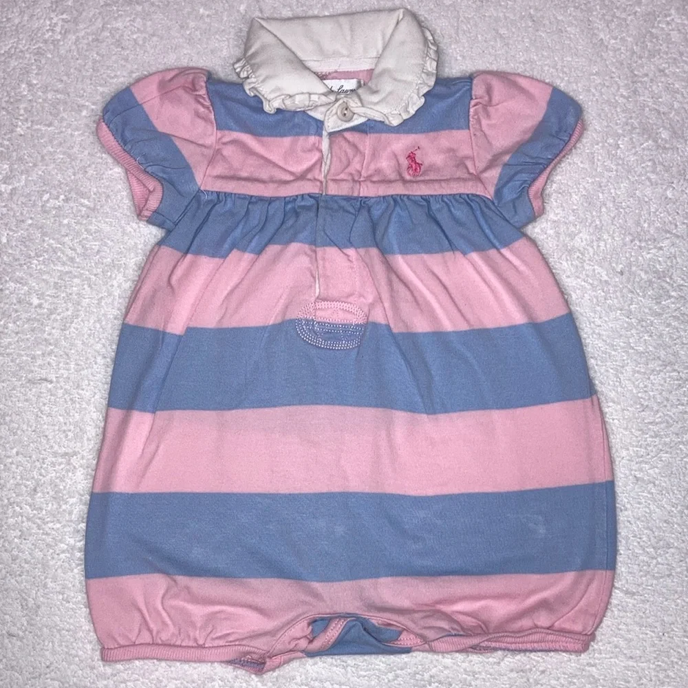 Ralph Lauren pink blue striped bubble romper one piece 6m